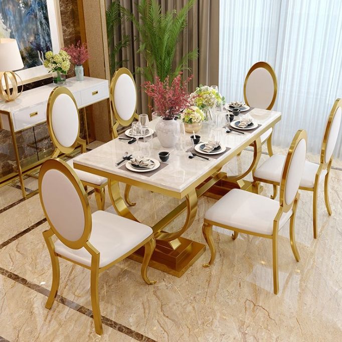 Stainless Steel Traditional Luxury Rectangle Table Marble Top Table with Trestle Base