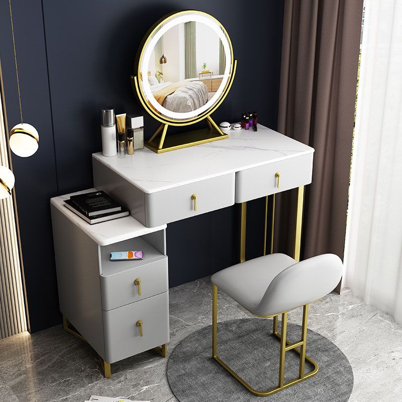 Glam Dressing Table Genuine Leather Vanity Table with 4 Storage Drawers