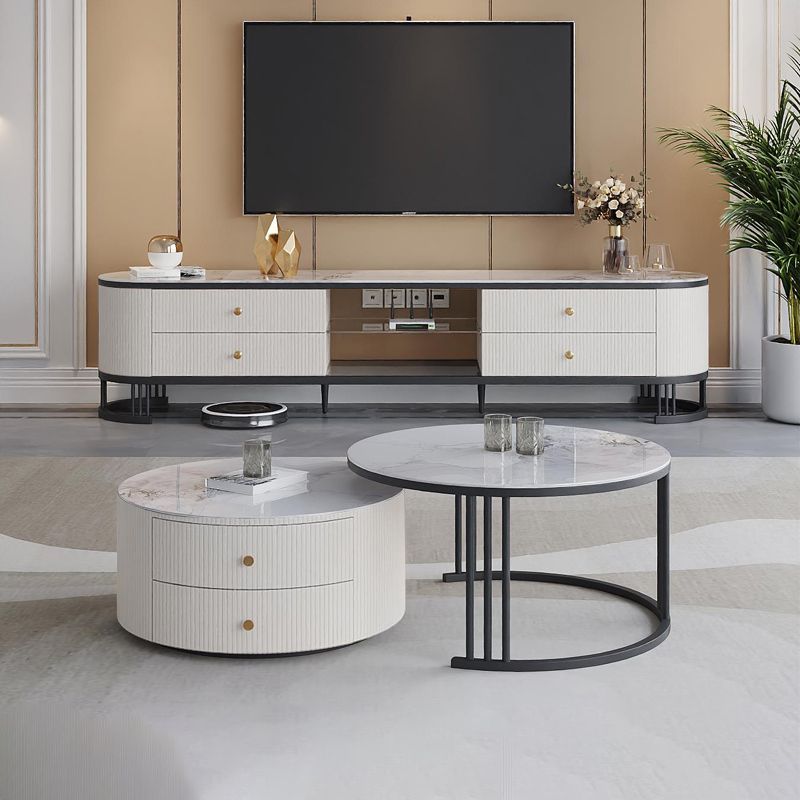 Contemporary Cocktail Table Round Glass / Slate Coffee Table with Drawers