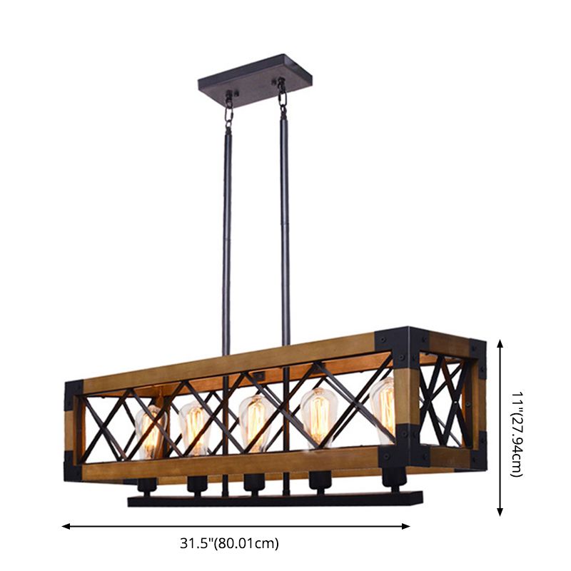 Marco de hierro luz de la isla negra en la luz colgante de madera de madera de estilo retro industrial para el comedor