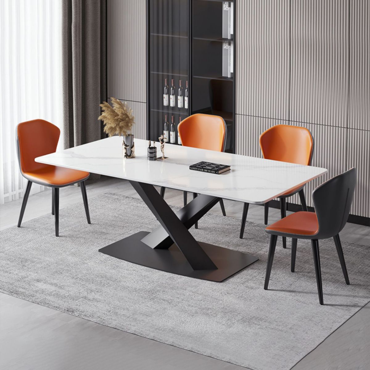 Modern Style Sintered Stone Dining Table with White Table and Trestle Base for Home Use