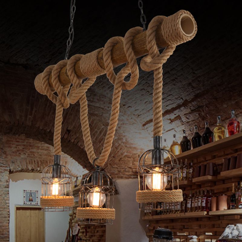 Flaxen 3 Bulbs Suspension Lighting Retro Metallic Birdcage Island Ceiling Light with Hemp Rope