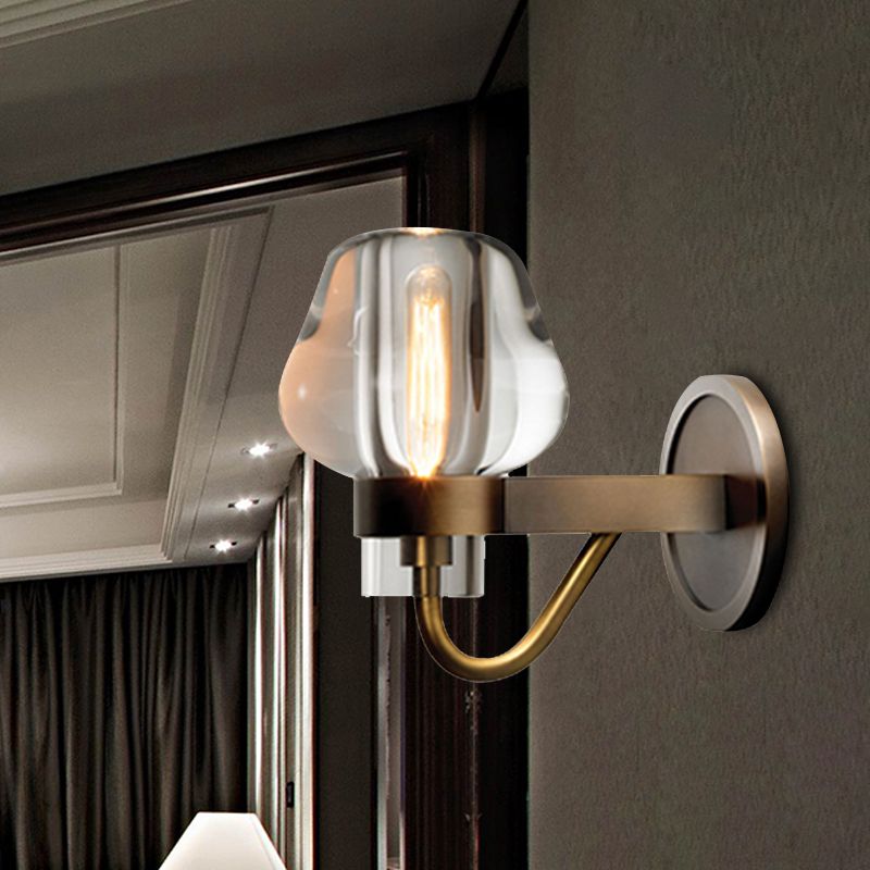 Tapered K9 Crystal Wall Lamp Retro 1/2 Heads Indoor Wall Light Fixture in Brass with Metal Curved Arm