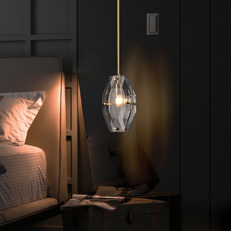 Simple Double Panel Pendant Lighting 1-Bulb Faceted Crystal Ceiling Hang Fixture in Brass
