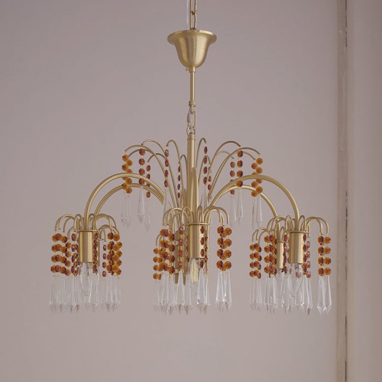 Country Style Branch Pendant Lamp Crystal Beading Chandelier in Brass for Cafe
