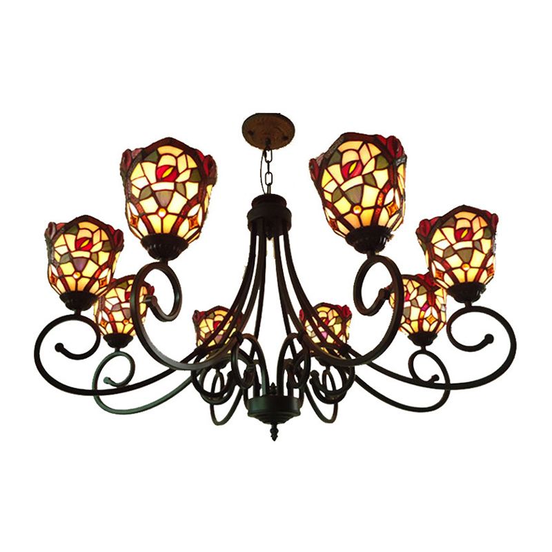 Éclairage de lustre en verre coupé en verre arqué victorien 8 lumières pendantes rouges / jaunes / rouge foncé pour le salon