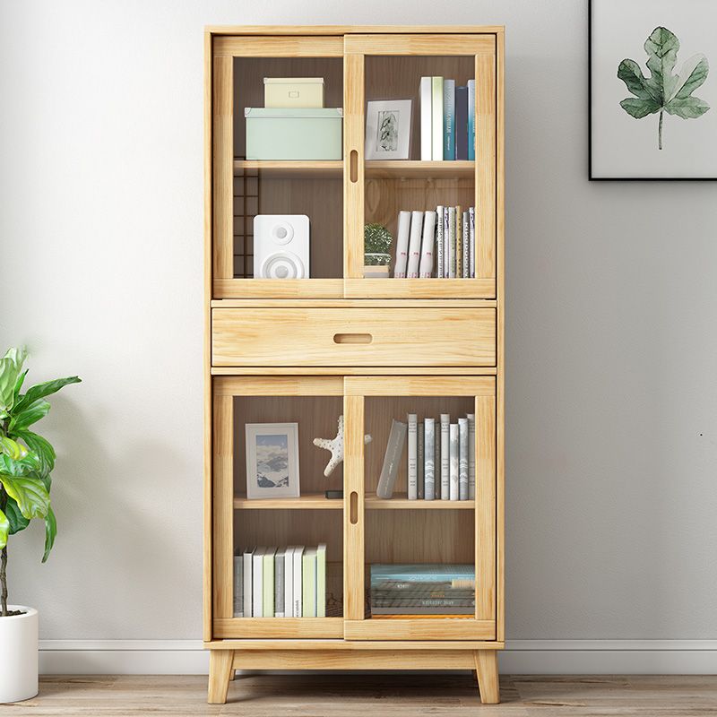 Contemporary Cabinet Natural Finish Side Cabinet with Glass Paned