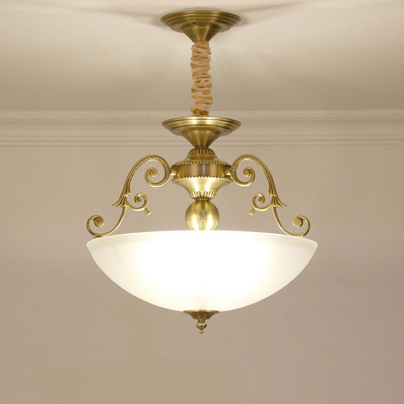 3 Heads Chandelier Light Retro Bowl Frosted Glass Pendant Lighting Fixture in Gold