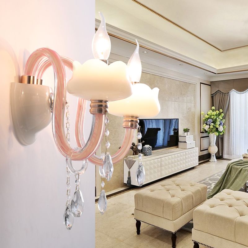 2 Bulbs Crystal Prism Sconce Light Traditional Pink Candelabra Living Room Wall Mounted Lighting