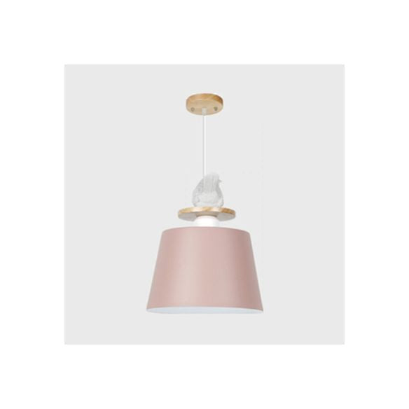 Aluminum Bucket Shade Hanging Light with Bird Deco 1 Bulb Macaron Pendant Lamp for Kid Bedroom