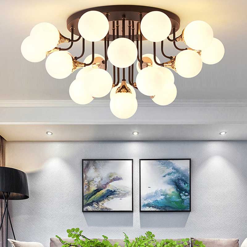 6/10/13 Lights Corridor Semi Flush Chandelier Milk White Glass Shaded Sphere Ceiling Mounted Light in Black