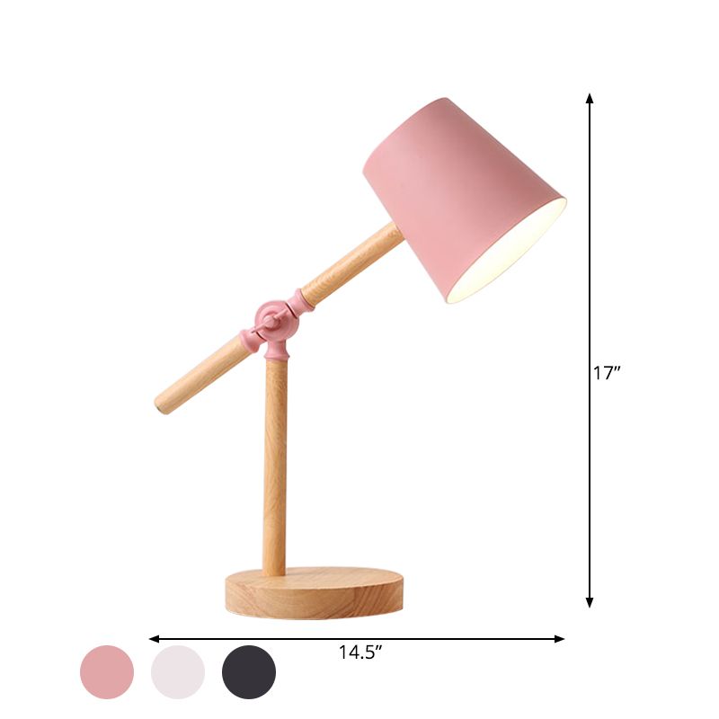 Holzschwung Arm Tischlampe Nordic 1 helles Nachttischlicht mit Fassschatten in Schwarz/Weiß/Rosa