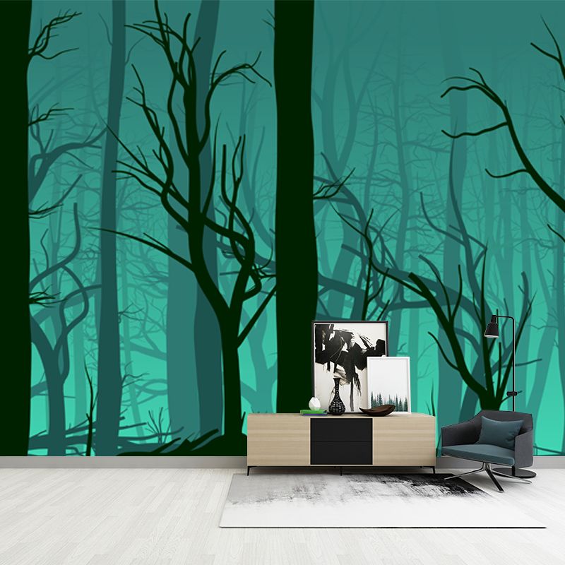 Night Bare Trees Wall Mural Green Artistry Wall Decoration for Bedroom, Custom Printed
