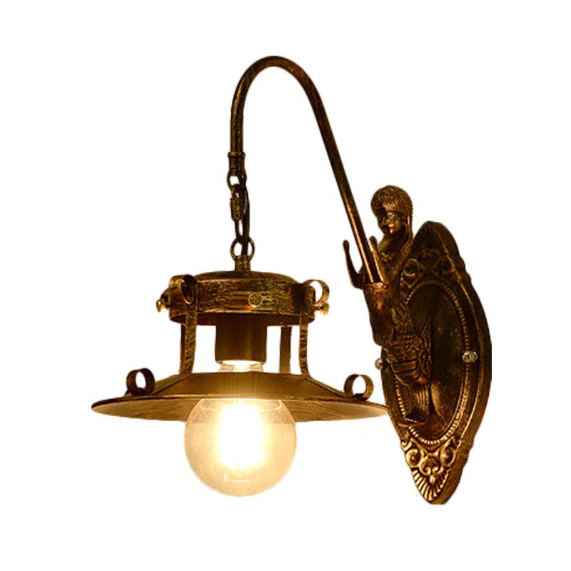 1 Light Wall Lighting Country Stair Sconce Lamp with Wide Flare Metal Shade in Brass