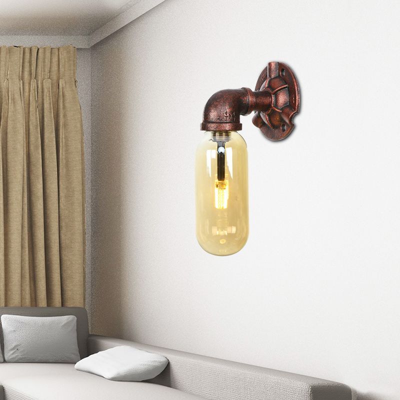 Weathered Copper Capsule Wall Light Rustic Metal 1 Head 9"/10.5"/12" High Bedroom Sconce Lamp with Pipe Design