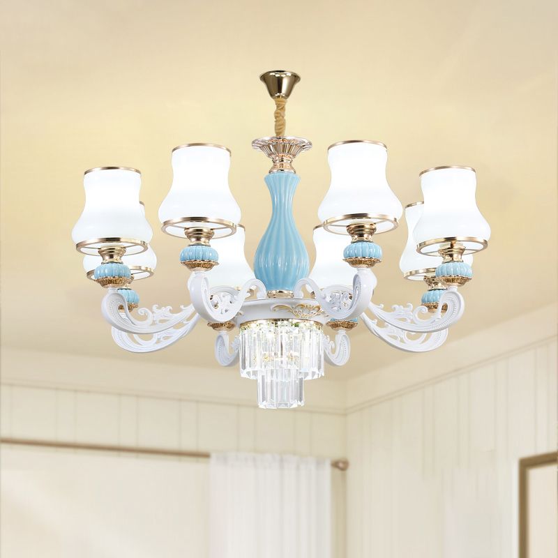 Bud Shade Bedroom Chandelier Lighting Classic Cream Glass Blue Pendant Light with Tiered Crystal Accent
