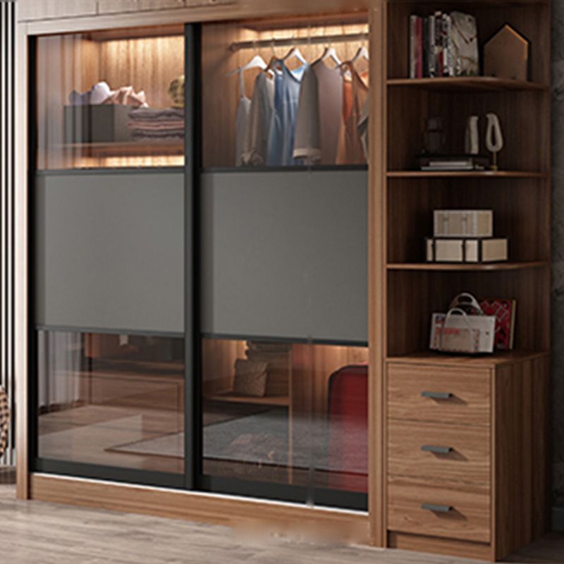 Modern Bedroom Wooden Storage Cabinet Sliding Doors Armoire with Glass Doors