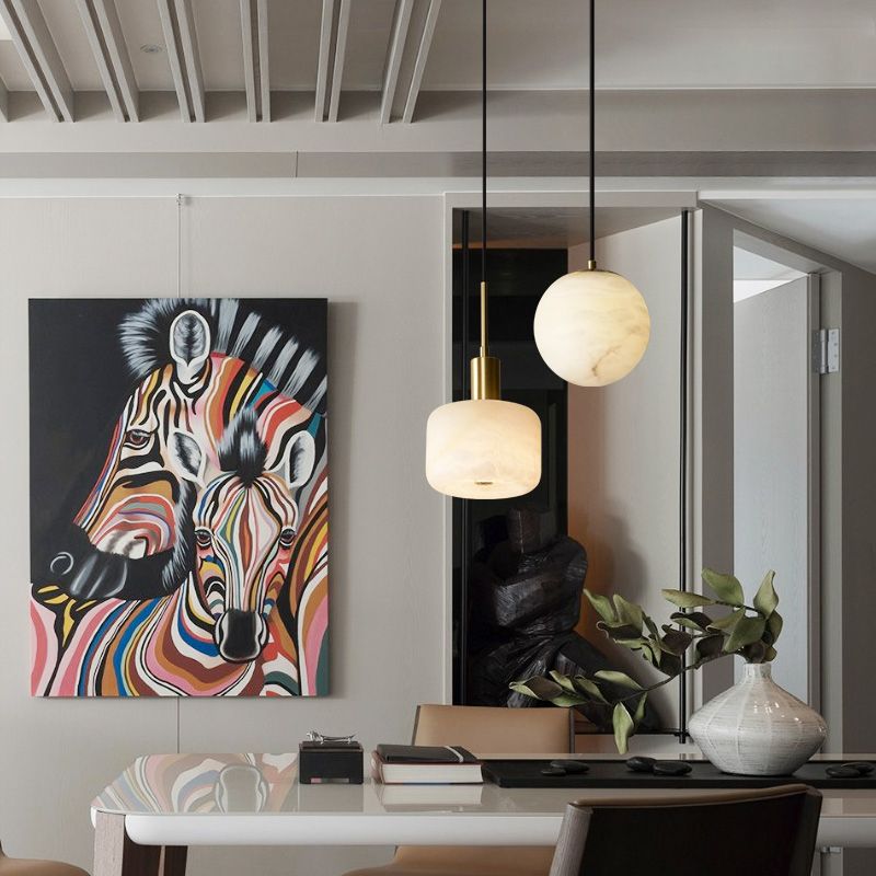 Shaded Bedroom Suspension Pendant Light Stone Modern Style Hanging Light Fixture in White