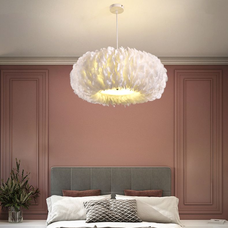 Bedroom Feather Pendant Lamp Nordic Style Round Shape Feather Hanging Chandelier Lamp