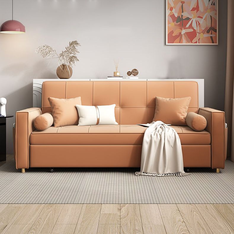 Faux Leather Convertible Sofa Bed with Pillows in Orange for Apartment