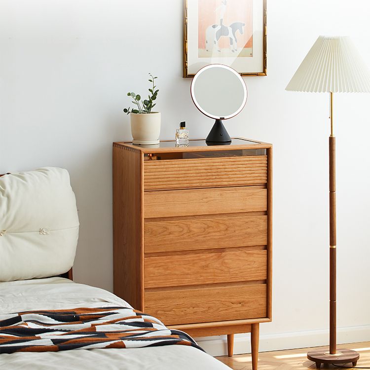 Mid-Century Modern Chest with 5 Drawers and Glass Top in Natural