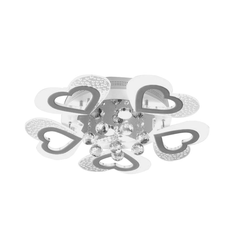 Modern Loving Heart Flush Ceiling Light Acrylic LED Bedroom Semi Flush Lamp Fixture in White with Crystal Ball Decor