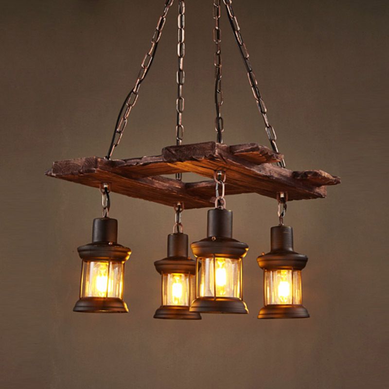 Ceiling Hanging Light Fixture Vintage Shaded Wood Ceiling Pendant Chandelier in Black
