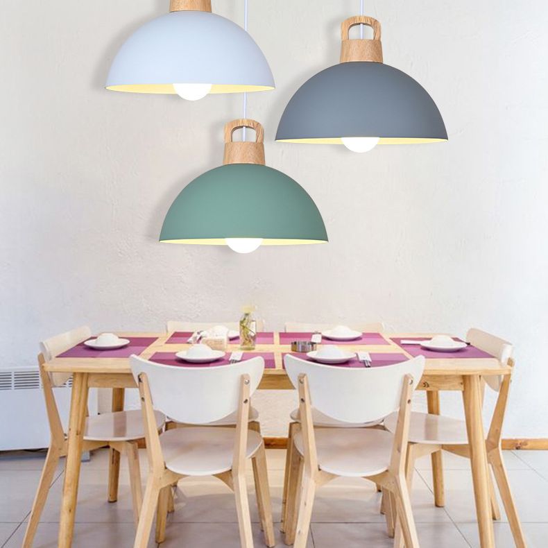 Macaron Style Domed Suspension Lamp Aluminum 1 Head Diner Pendant Light with Wooden Decor
