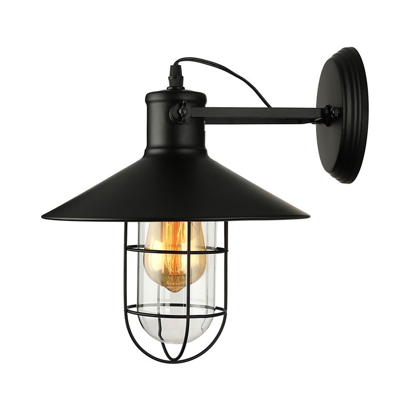 1 Light Clear Glass Wall Sconce Light Traditional Black/Rust Caged Coffee Shop Lighting Fixture
