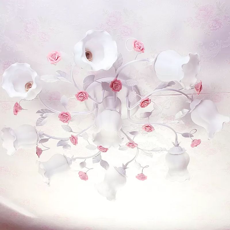 Zugesperrte Creme Glas Rüschen Deckenleichte Landschaft 9 Lichter Schlafzimmer Halbflush -Lampe in Rosa/Grün