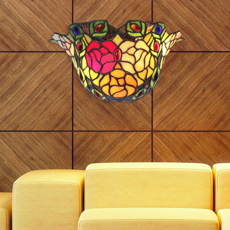 Floral Wall Sconce Light with Rose and Jewel Stained Glass 1 Light Rustic Art Deco Wall Lighting for Foyer