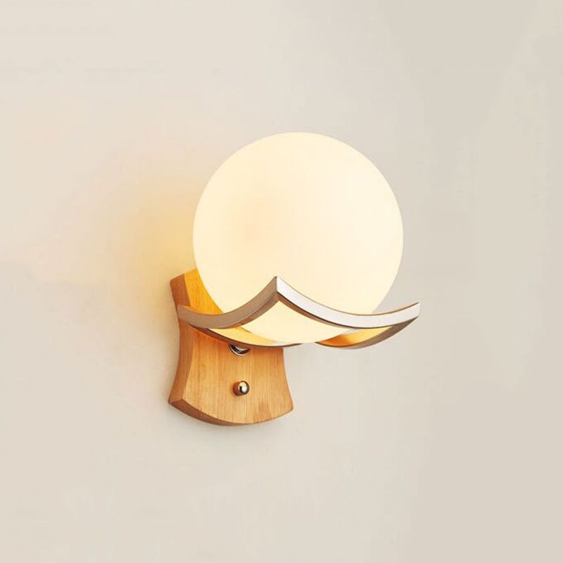 1 Light Wood Wall Light Sconce Modern Spherical Bedroom Wall Mounted Light Fixture