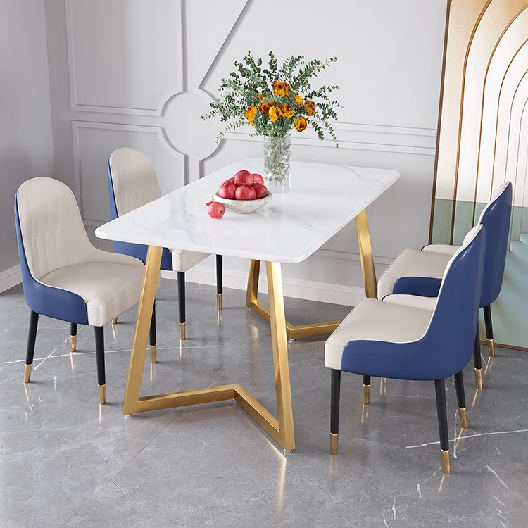 Glam Iron Dinette Set 1/2/5/6 Pieces Rectangle White Sintered Stone Top Dining Table Set