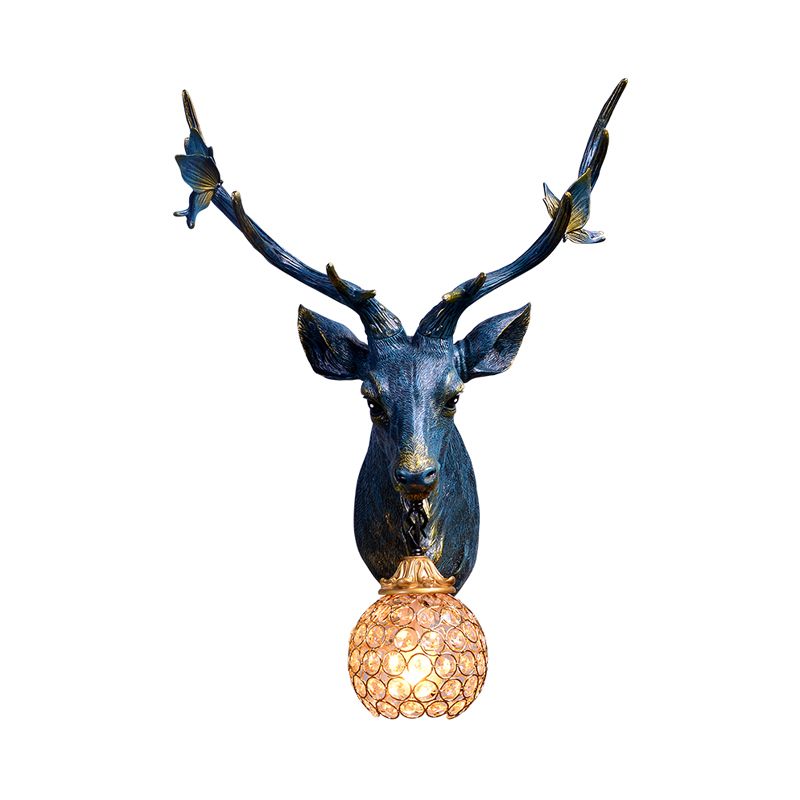 Cabezal de ciervos Resina Diconce Lámpara Vintage Single Bulb Interior Mural Lámpara Montada en azul/blanco/madera con sombra de cristal de globo