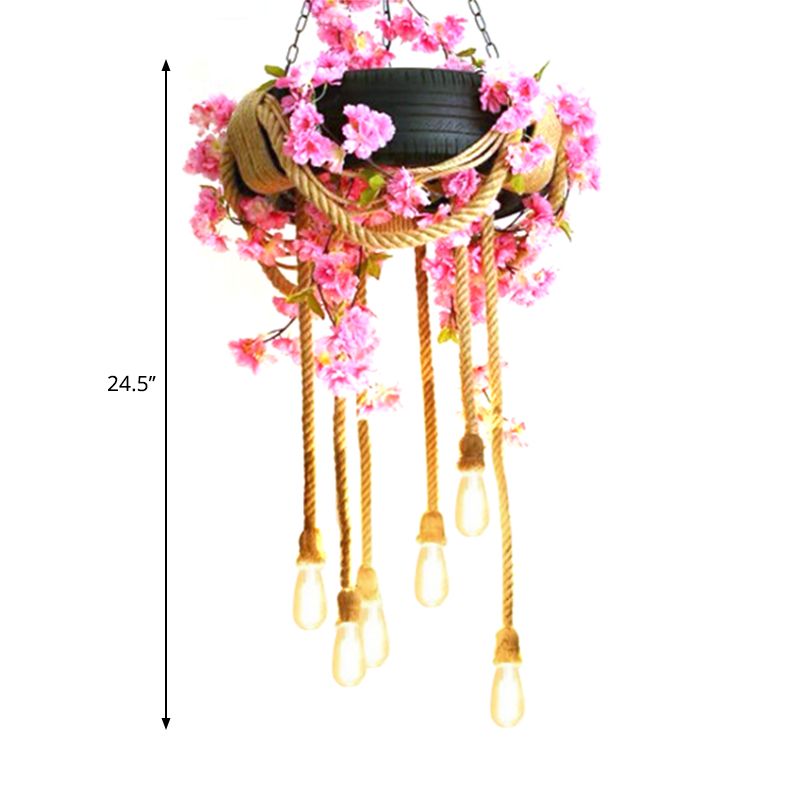 Rubber Tyre Down Lighting Warehouse 6 Lights Snack Bar Chandelier in Pink/Green/Brown with Rope Cord