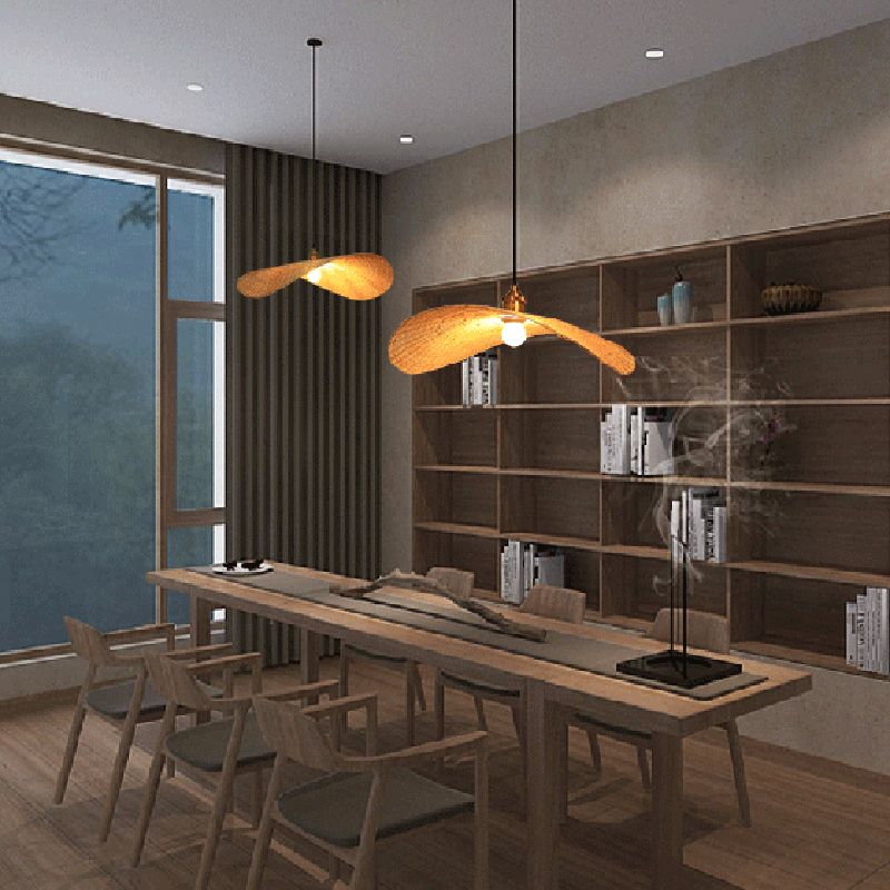 1-Light Beige Bamboo Suspended Lighting Fixture Japanese Pendant Light Kit