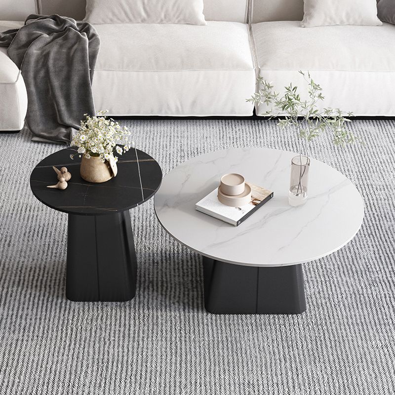 Modern Steel Pedestal Coffee Table Round Slate Top Table Set