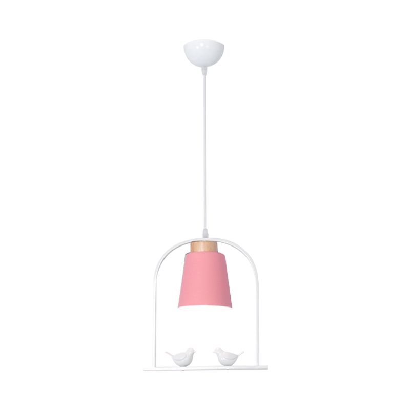 Bird Cage Shape Metal Down Lighting Macaron 1 Head White/Black/Grey Finish Pendulum Lamp with Small Barrel Shade