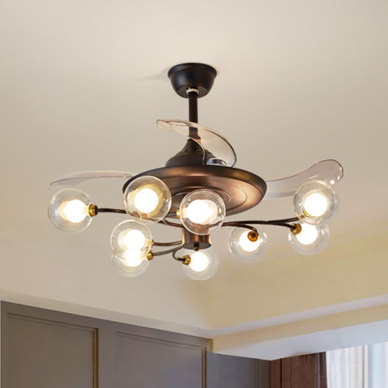 Halb flush chandelier rustikal klare kugelglas 9-bulb schwarzer fächerbeleuchtung mit 4 klingen