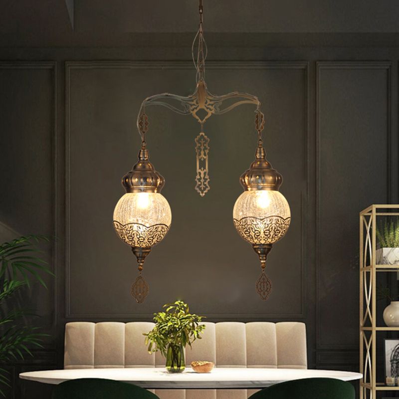 Bronze 2 Lights Chandelier Lamp Vintage Style Crackle Glass Globe Shaped Hanging Light Kit