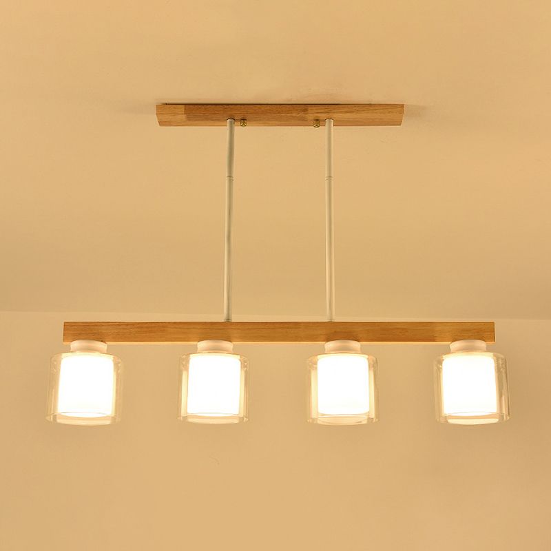 Nordic Linear Island Light Wood 3/4 Heads Dining Room Hanging Lamp with Cylinder White Glass Shade Inside