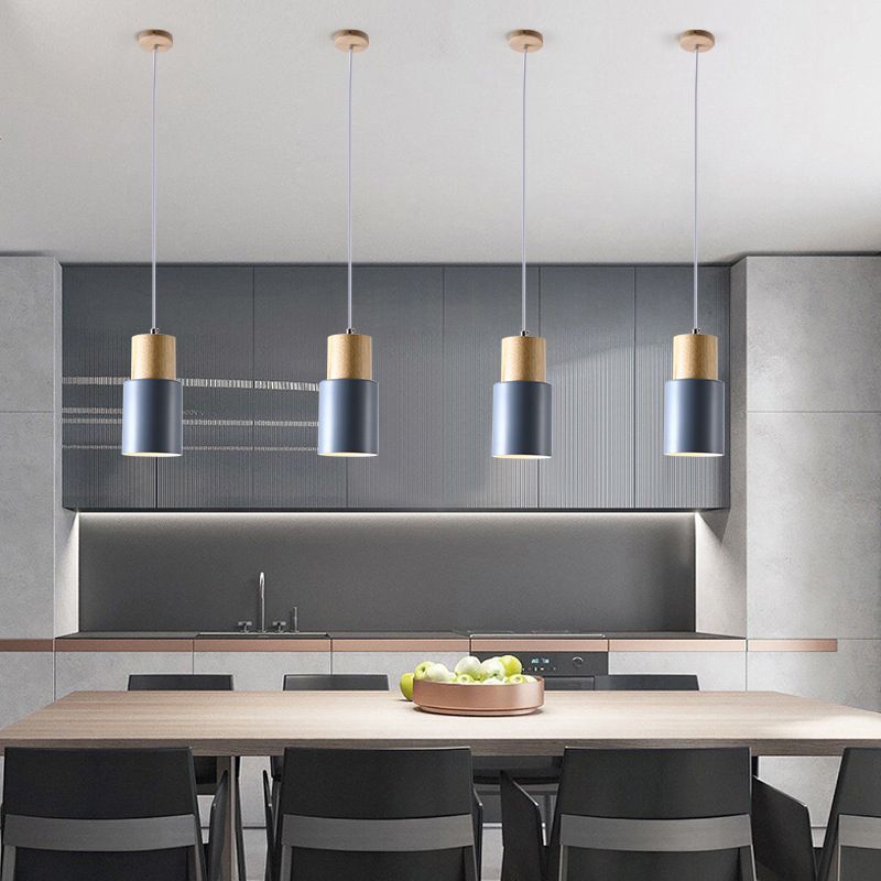 Makkaron -einzelne Anhänger Licht im modernen präzisen Stil Holzzylindroid -Hängelampe mit Eisenschatten