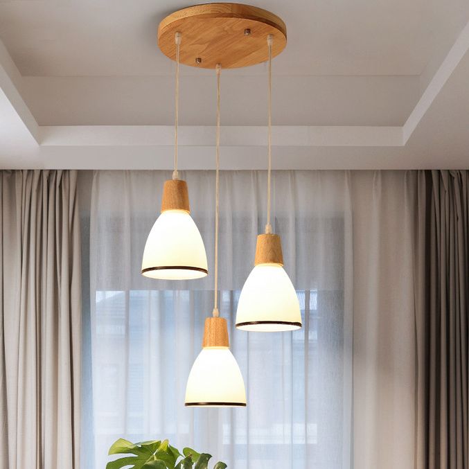 Nordic 3 Lights Pendant Wood Geometric Hanging Light Fixture with White Glass Shade
