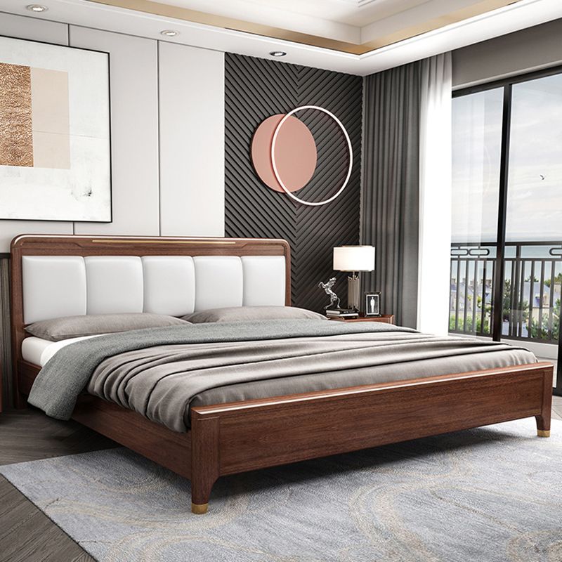 Rubberwood Pine Wood Panel Bed Mid-Century Modern Espresso Standard Bed with Headboard