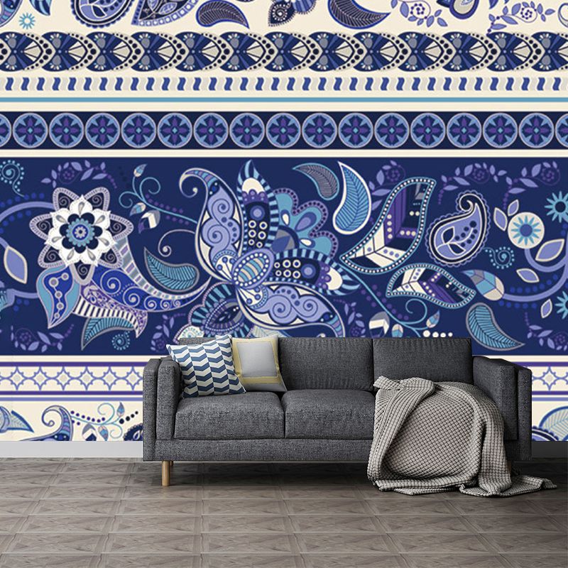 Bohemia Floral Wallpaper Murals for Living Room Custom Size Wall Art in Blue-Purple