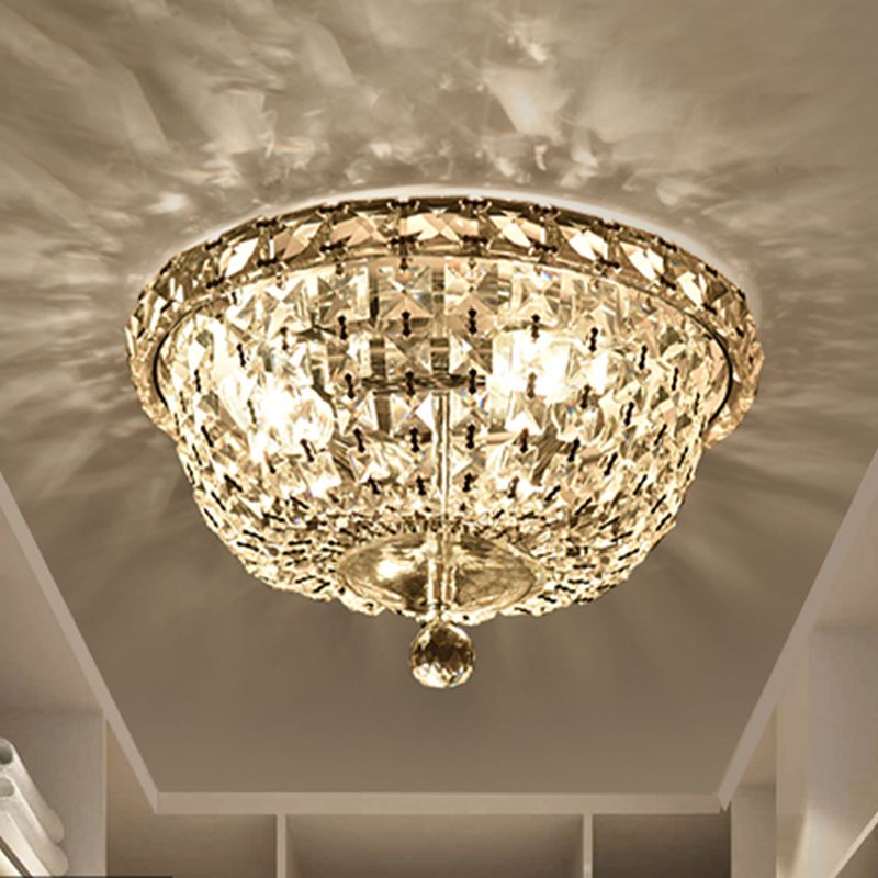 3 Heads Hallway Ceiling Light Fixture Modernist Flush Lamp with Bowl Clear Crystal Strand Shade
