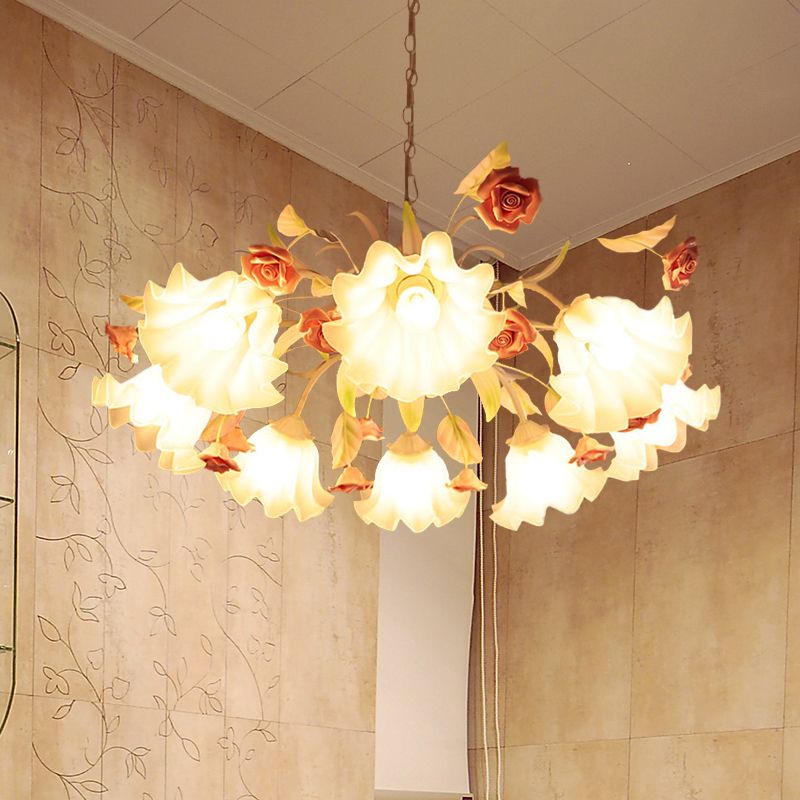 White Glass Scalloped Chandelier Lamp Korean Flower 9 Bulbs Living Room Ceiling Hang Fixture