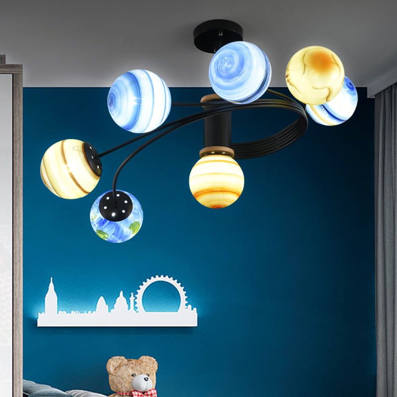 Planet Design Semi Flush Chandelier Modern Metal 7 Lights Black Ceiling Light Fixture with Handblown Glass Ball Shade