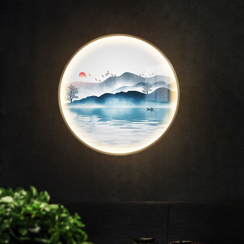 Gold Circular Mountain and Lake Mural Light Chinese LED Metallic Wall Lighting Idea