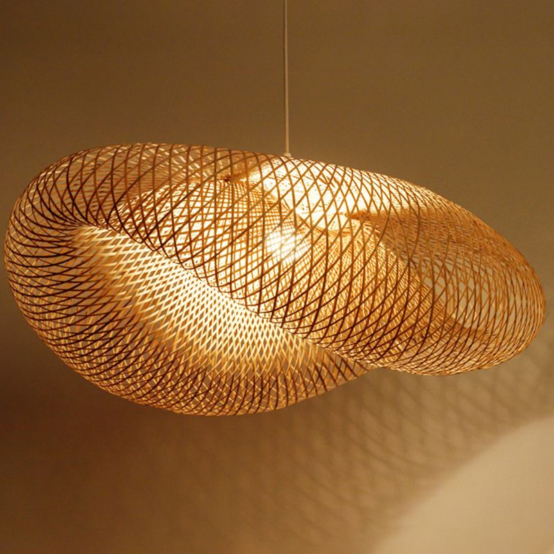 Hat Shape Dinning Room Pendant Lighting Fixture Bamboo Modern Hanging Lamp Kit in Beige